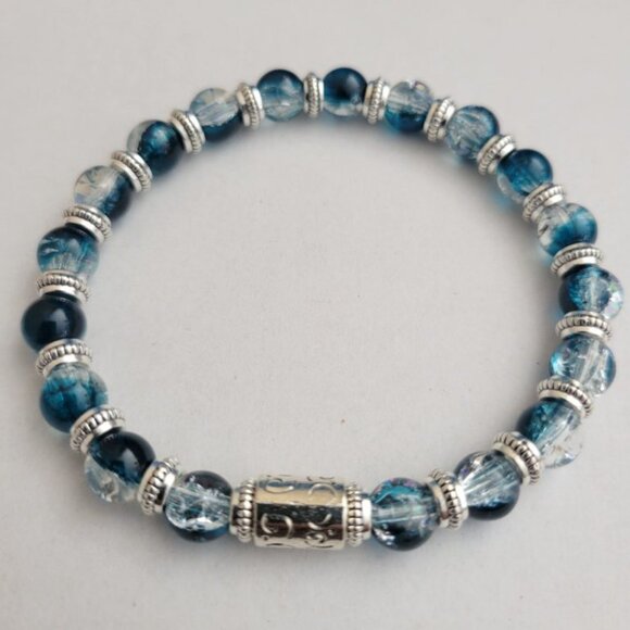 NWT Mens Blue And Silver Crackle Glass Bead Stretch Bracelet Exclusive S/M, L/XL - Picture 5 of 10